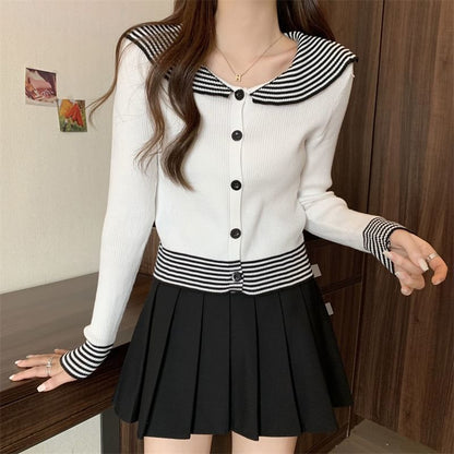 Knit Long-Sleeve Top Button Collar Ribbed Panel Striped