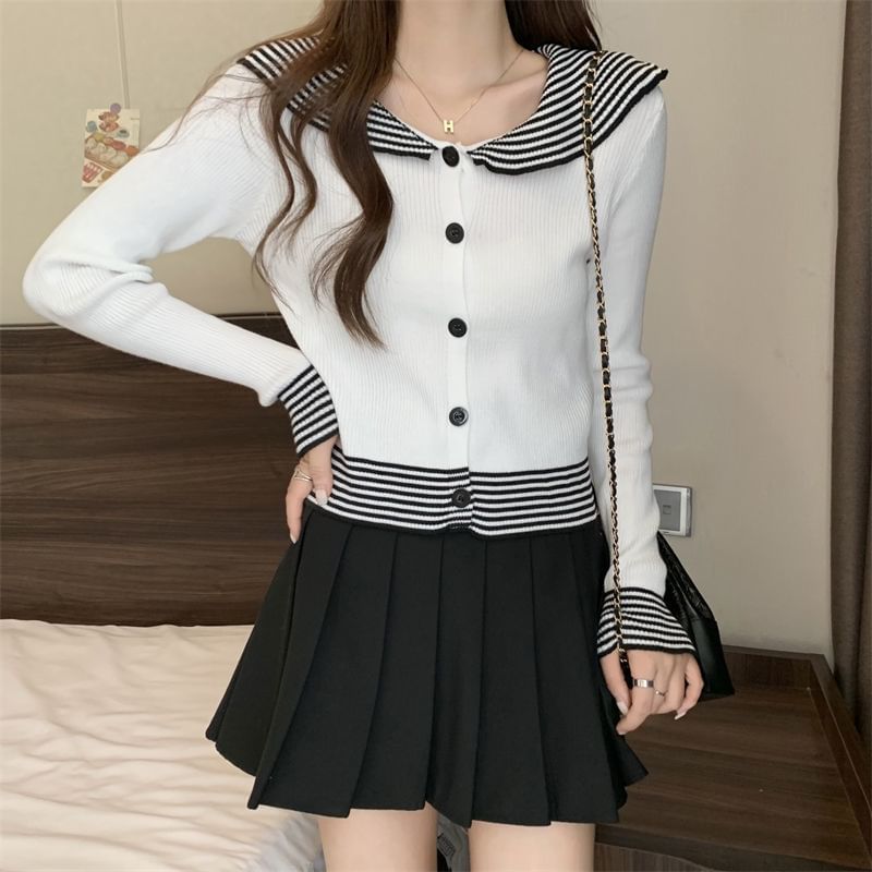 Knit Long-Sleeve Top Button Collar Ribbed Panel Striped