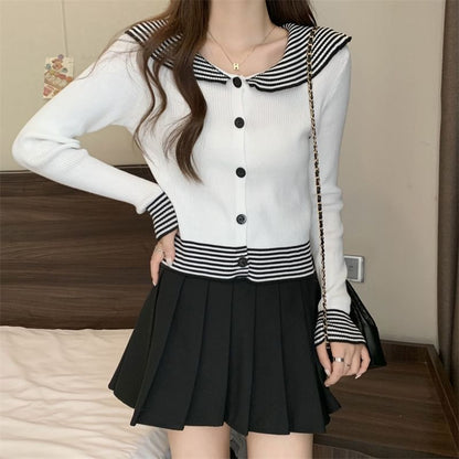 Knit Long-Sleeve Top Button Collar Ribbed Panel Striped