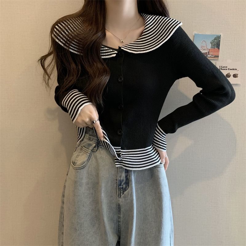 Knit Long-Sleeve Top Button Collar Ribbed Panel Striped