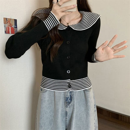 Knit Long-Sleeve Top Button Collar Ribbed Panel Striped