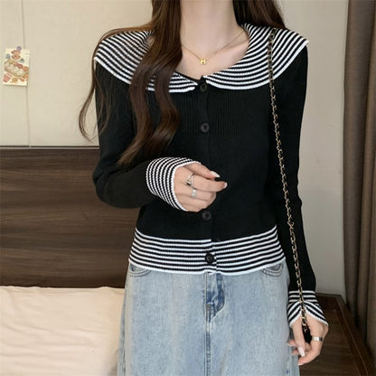 Knit Long-Sleeve Top Button Collar Ribbed Panel Striped