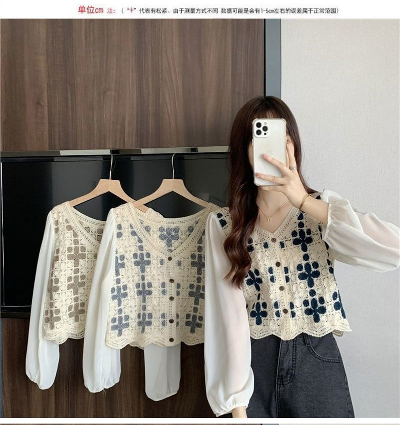Panel V-Neck Knit Blouse Long-Sleeve Crochet