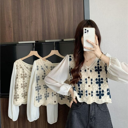 Panel V-Neck Knit Blouse Long-Sleeve Crochet