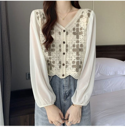 Panel V-Neck Knit Blouse Long-Sleeve Crochet