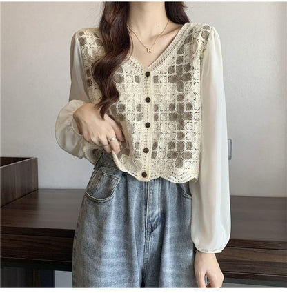 Panel V-Neck Knit Blouse Long-Sleeve Crochet