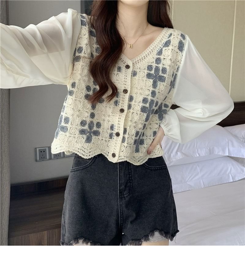 Panel V-Neck Knit Blouse Long-Sleeve Crochet