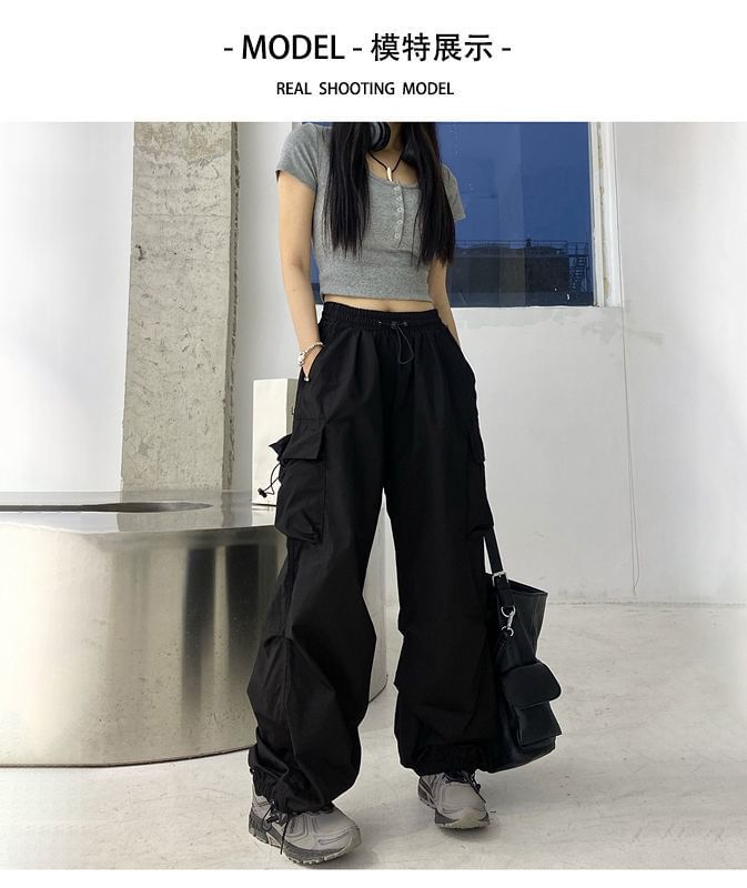 Leg Plain Wide Drawstring Cargo Waist Pants