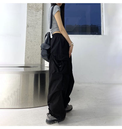 Leg Plain Wide Drawstring Cargo Waist Pants