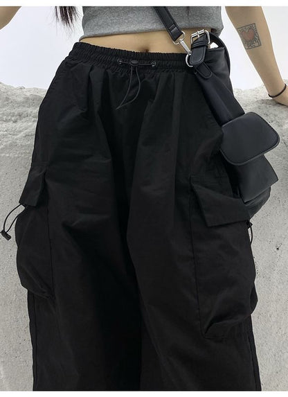 Leg Plain Wide Drawstring Cargo Waist Pants
