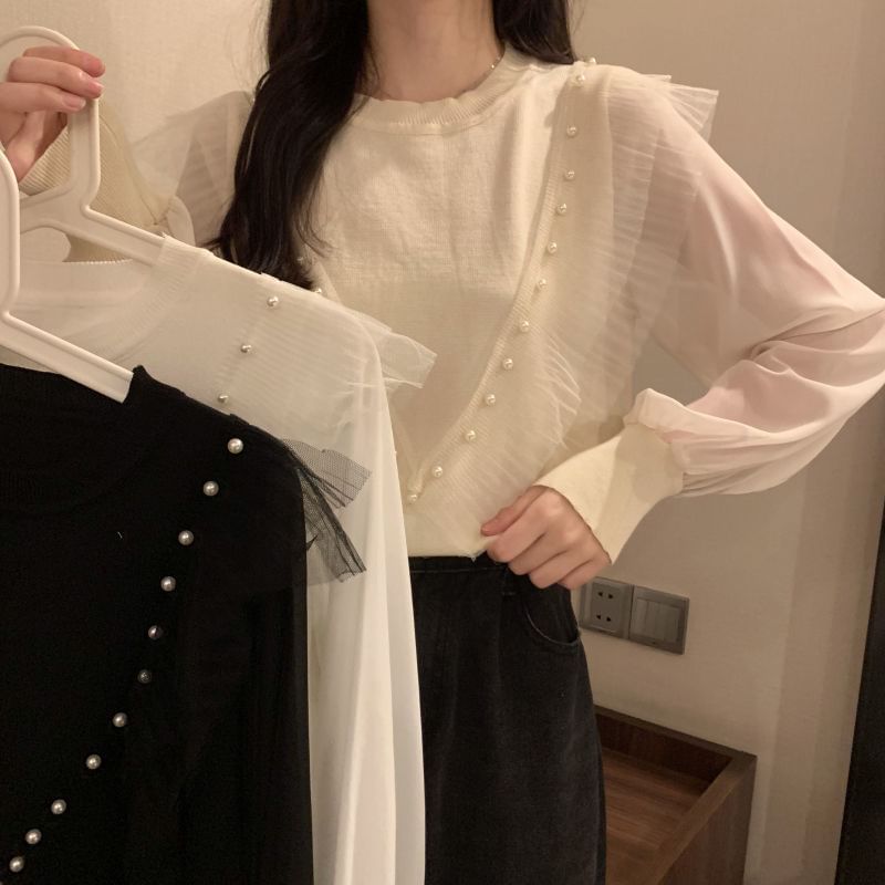 Long-Sleeve Neck Ruffle Crew Top Pearl Plain Trim Faux Knit