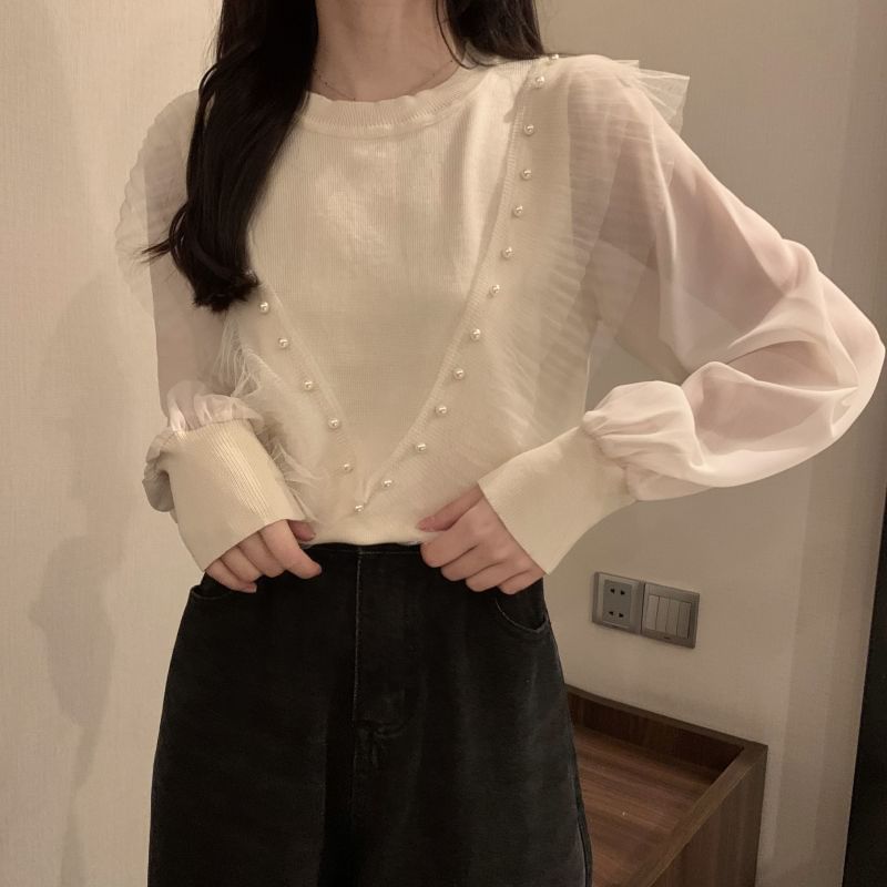 Long-Sleeve Neck Ruffle Crew Top Pearl Plain Trim Faux Knit