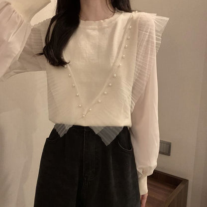 Long-Sleeve Neck Ruffle Crew Top Pearl Plain Trim Faux Knit