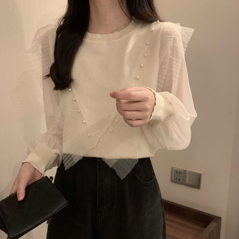 Long-Sleeve Neck Ruffle Crew Top Pearl Plain Trim Faux Knit