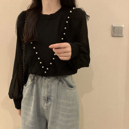 Long-Sleeve Neck Ruffle Crew Top Pearl Plain Trim Faux Knit