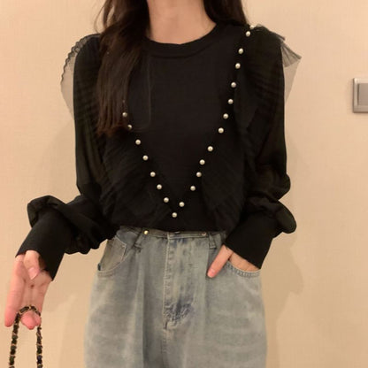 Long-Sleeve Neck Ruffle Crew Top Pearl Plain Trim Faux Knit