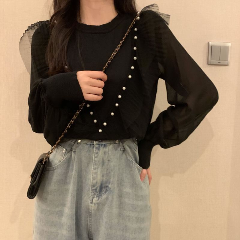 Long-Sleeve Neck Ruffle Crew Top Pearl Plain Trim Faux Knit