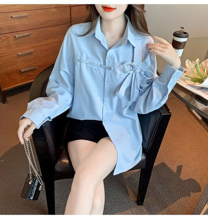 Bow Long-Sleeve Shirt Accent Plain