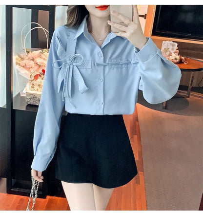 Bow Long-Sleeve Shirt Accent Plain