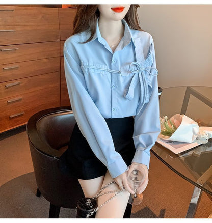 Bow Long-Sleeve Shirt Accent Plain
