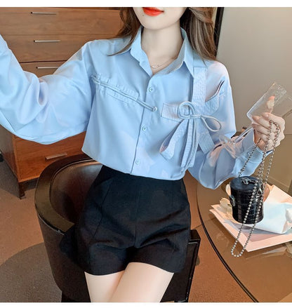 Bow Long-Sleeve Shirt Accent Plain