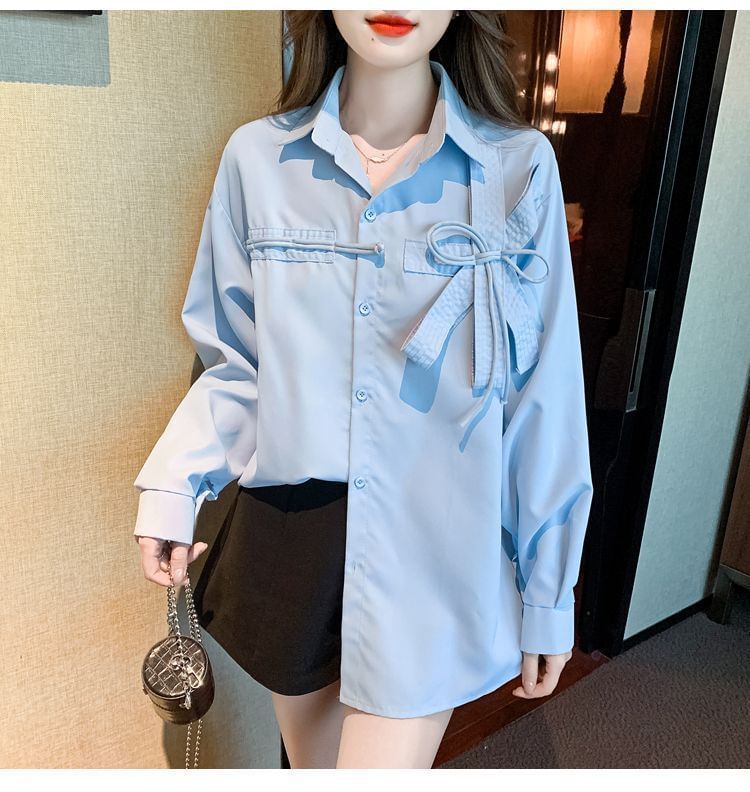 Bow Long-Sleeve Shirt Accent Plain
