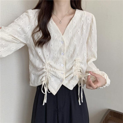 V-Neck Plain Drawstring Eyelet Long-Sleeve Blouse