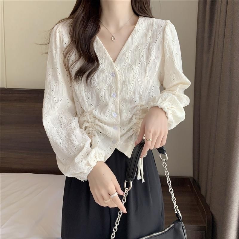 V-Neck Plain Drawstring Eyelet Long-Sleeve Blouse