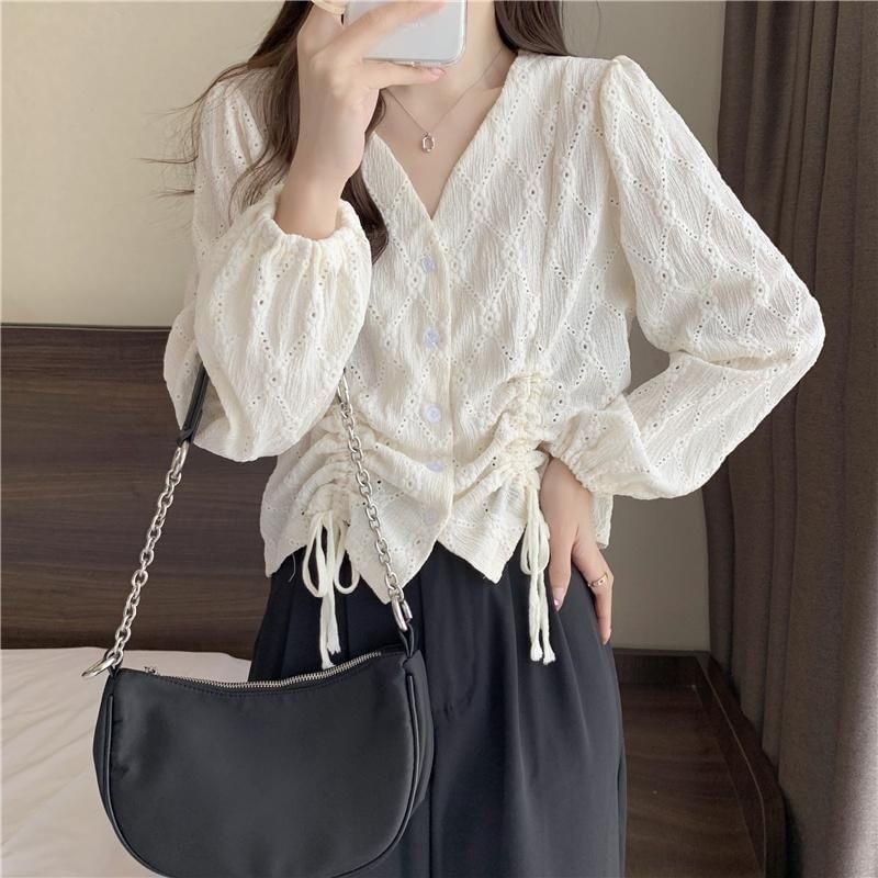V-Neck Plain Drawstring Eyelet Long-Sleeve Blouse