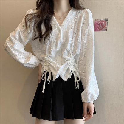 V-Neck Plain Drawstring Eyelet Long-Sleeve Blouse