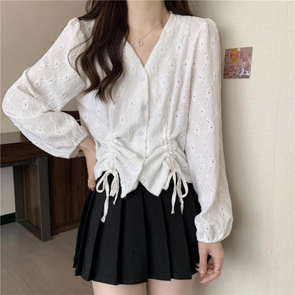 V-Neck Plain Drawstring Eyelet Long-Sleeve Blouse