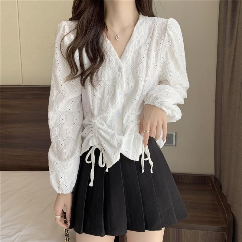 V-Neck Plain Drawstring Eyelet Long-Sleeve Blouse