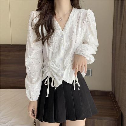 V-Neck Plain Drawstring Eyelet Long-Sleeve Blouse