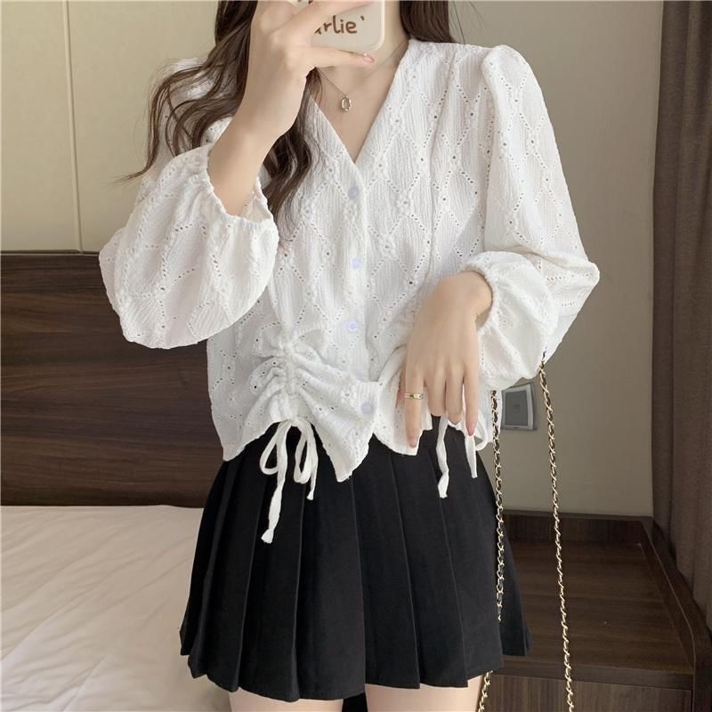 V-Neck Plain Drawstring Eyelet Long-Sleeve Blouse