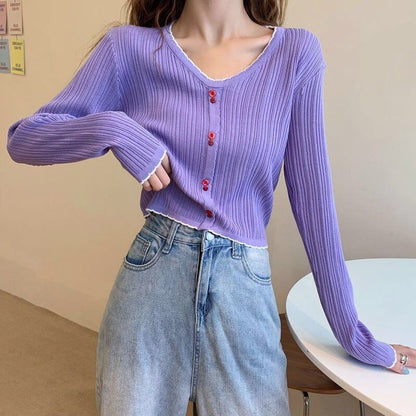 Crop Ribbed Contrast Trim Button Knit Top V-Neck Long-Sleeve