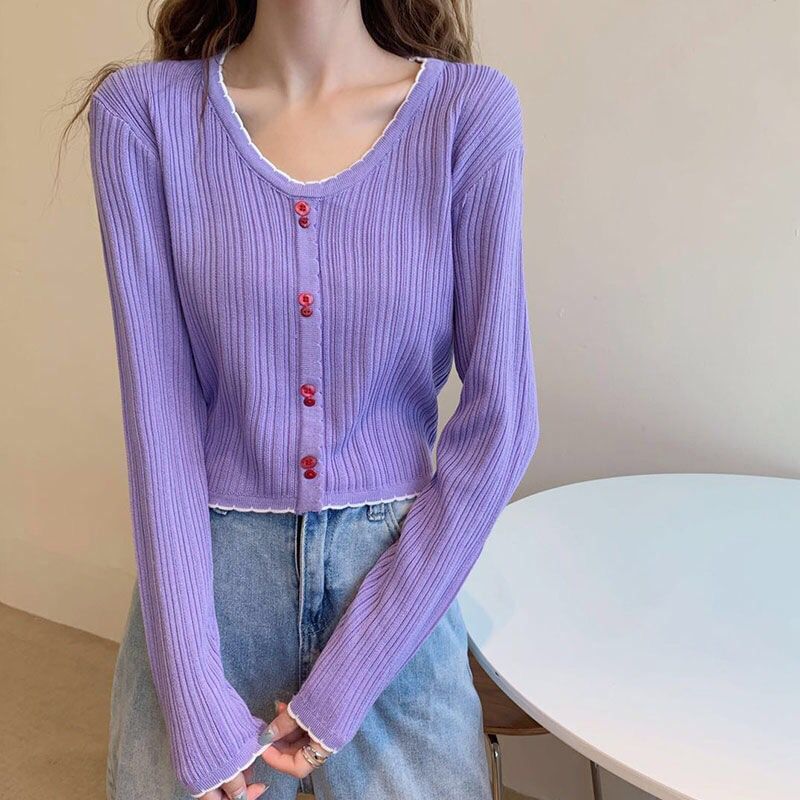 Crop Ribbed Contrast Trim Button Knit Top V-Neck Long-Sleeve