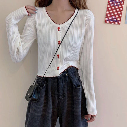 Crop Ribbed Contrast Trim Button Knit Top V-Neck Long-Sleeve