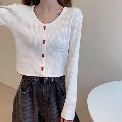 Crop Ribbed Contrast Trim Button Knit Top V-Neck Long-Sleeve