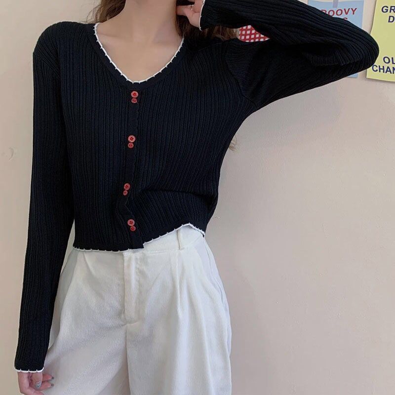 Crop Ribbed Contrast Trim Button Knit Top V-Neck Long-Sleeve