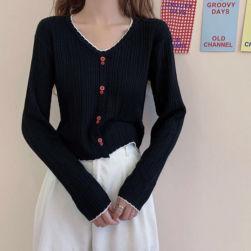Crop Ribbed Contrast Trim Button Knit Top V-Neck Long-Sleeve