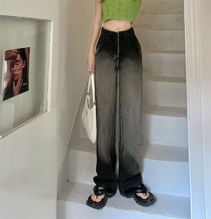 Waist Jeans High Washed Gradient Loose Fit