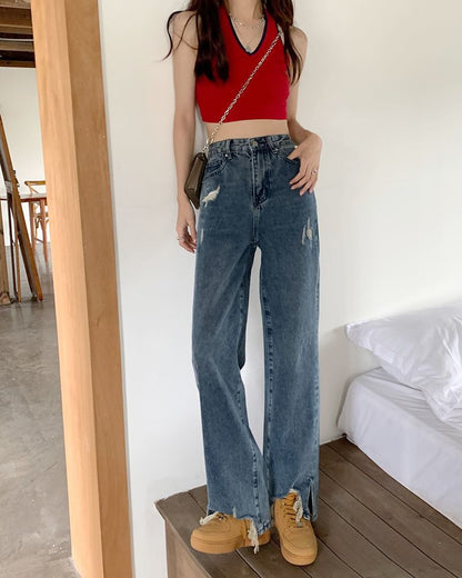 High Jeans Waist Fit Loose Distressed