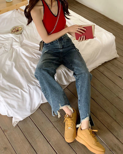 High Jeans Waist Fit Loose Distressed