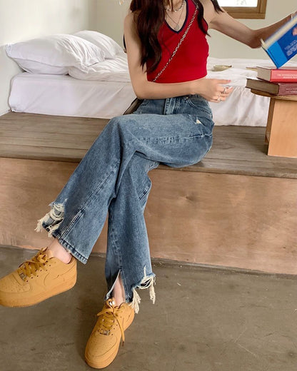 High Jeans Waist Fit Loose Distressed