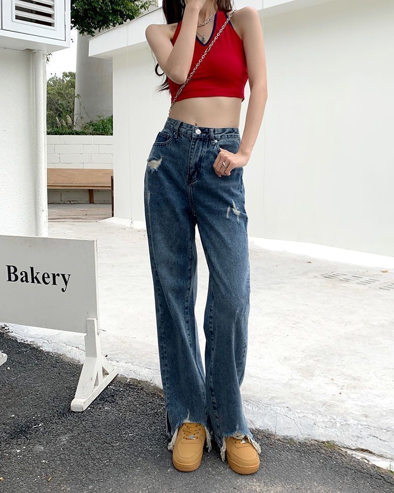 High Jeans Waist Fit Loose Distressed