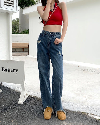 High Jeans Waist Fit Loose Distressed