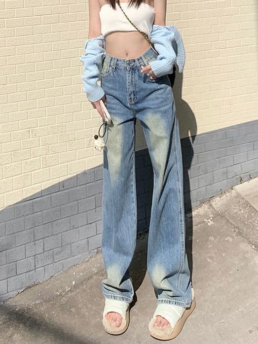 Wide Jeans Leg Waist Washed High
