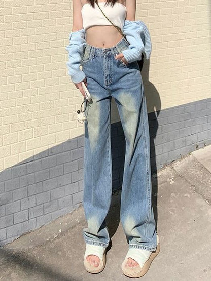 Wide Jeans Leg Waist Washed High