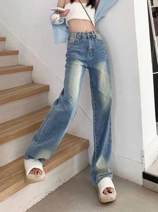 Wide Jeans Leg Waist Washed High