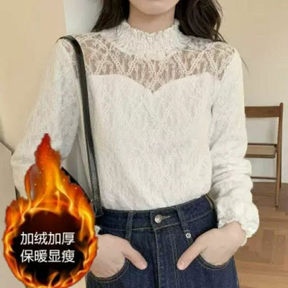 Lace Mock Long-Sleeve Plain Neck Top